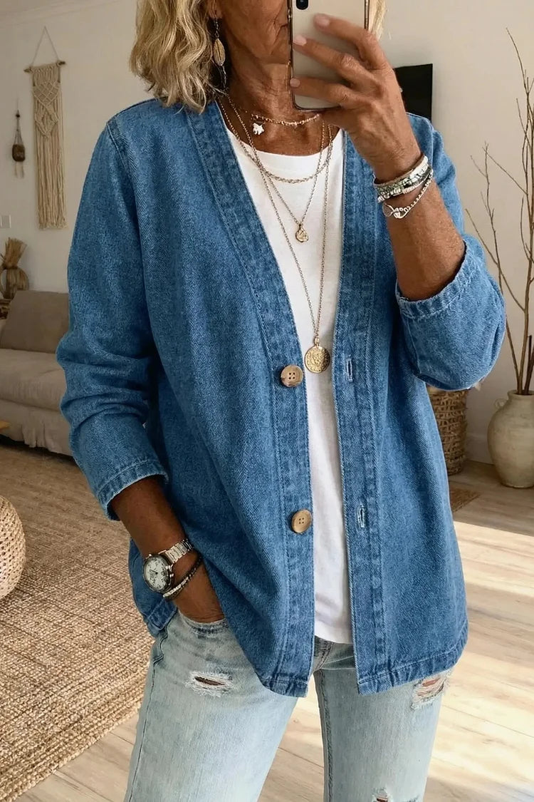 Denim cardigan in black, vintage washed soft denim layering piece | Alba Muse