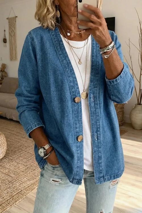 Denim cardigan in black, vintage washed soft denim layering piece | Alba Muse