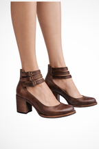 Women's closed toe ankle strap heels stacked block heel