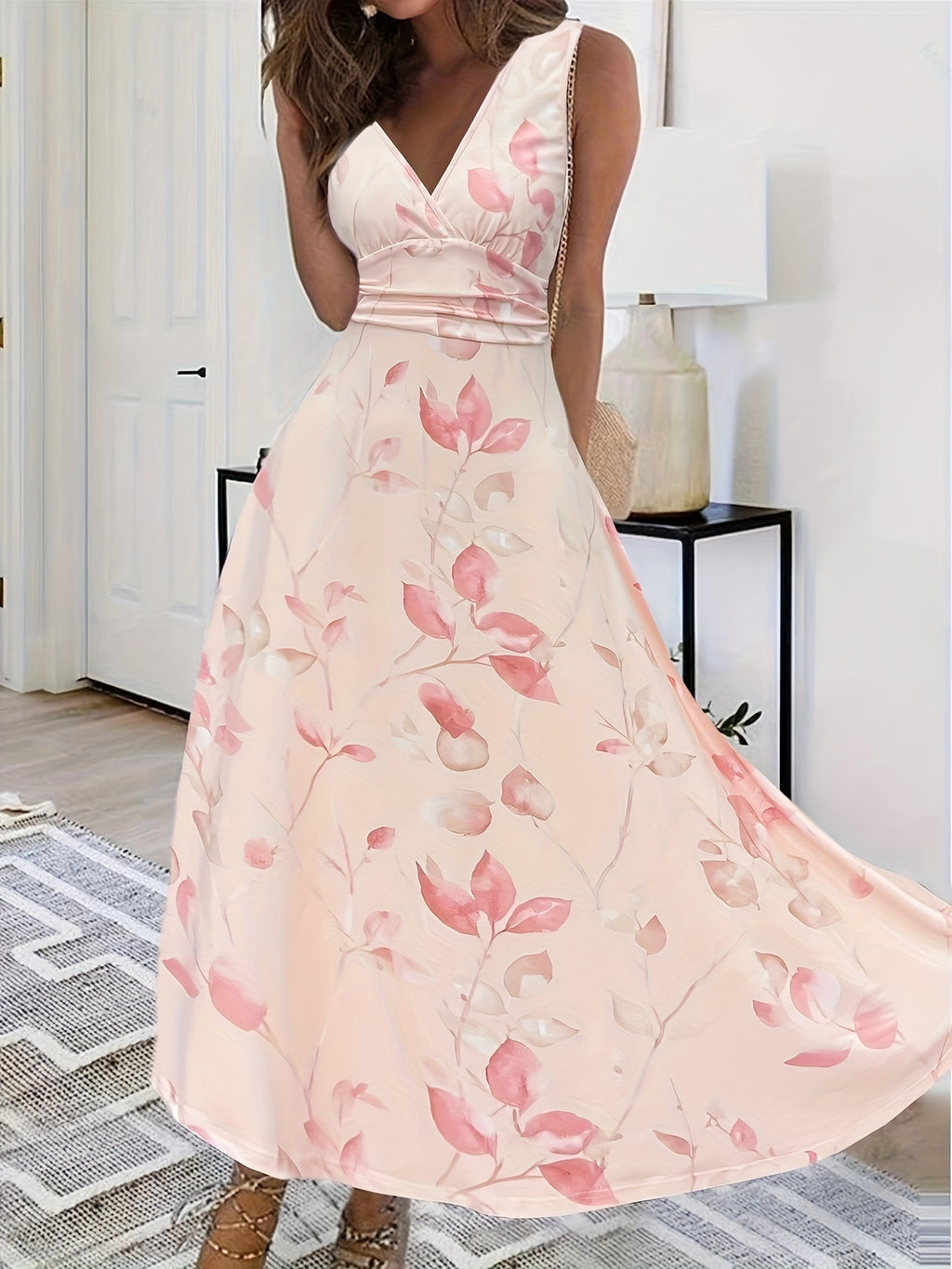 Short Sleeve Printed Floral Summer Midi Dress in Light Green, front view