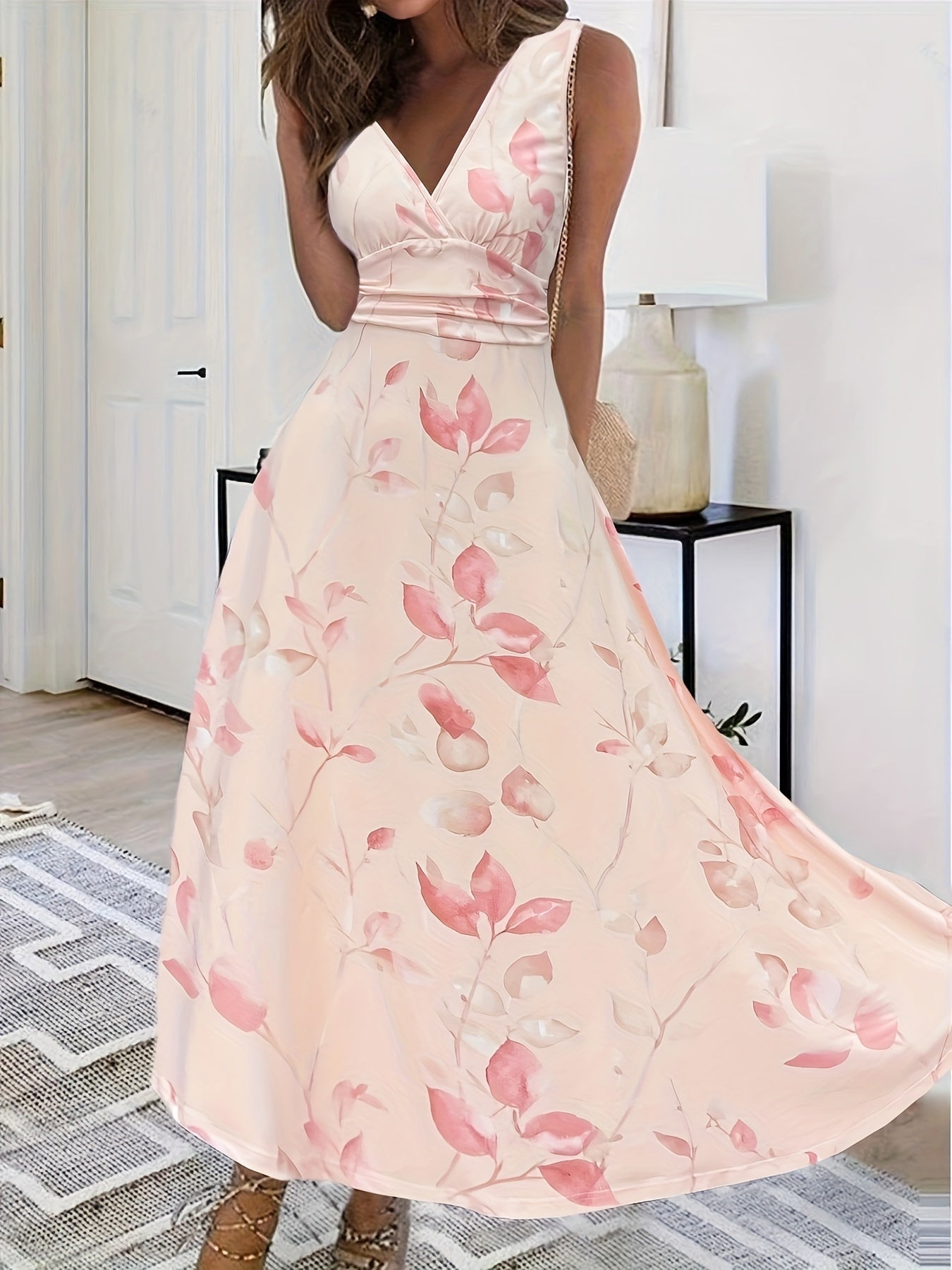 Short Sleeve Printed Floral Summer Midi Dress in Light Green, front view