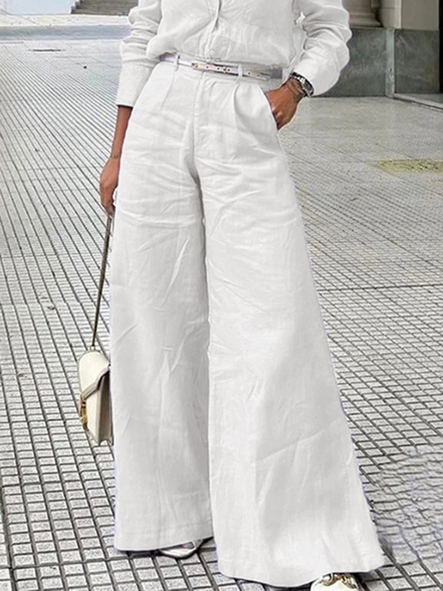 Purple high-waist wide-leg linen-blend trousers, front view
