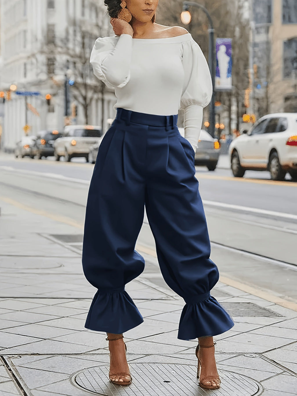 Fern Green high-waisted wide-leg ruffled-hem Trousers
