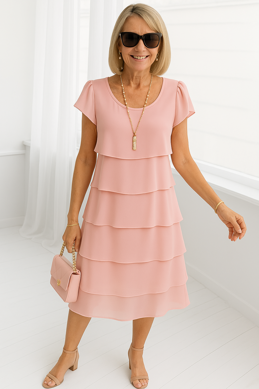 Short sleeve wedding guest midi dress, side view showing layers