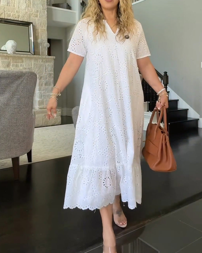 White V-Neck Hollow-Out Ruffle Trim Midi Dress