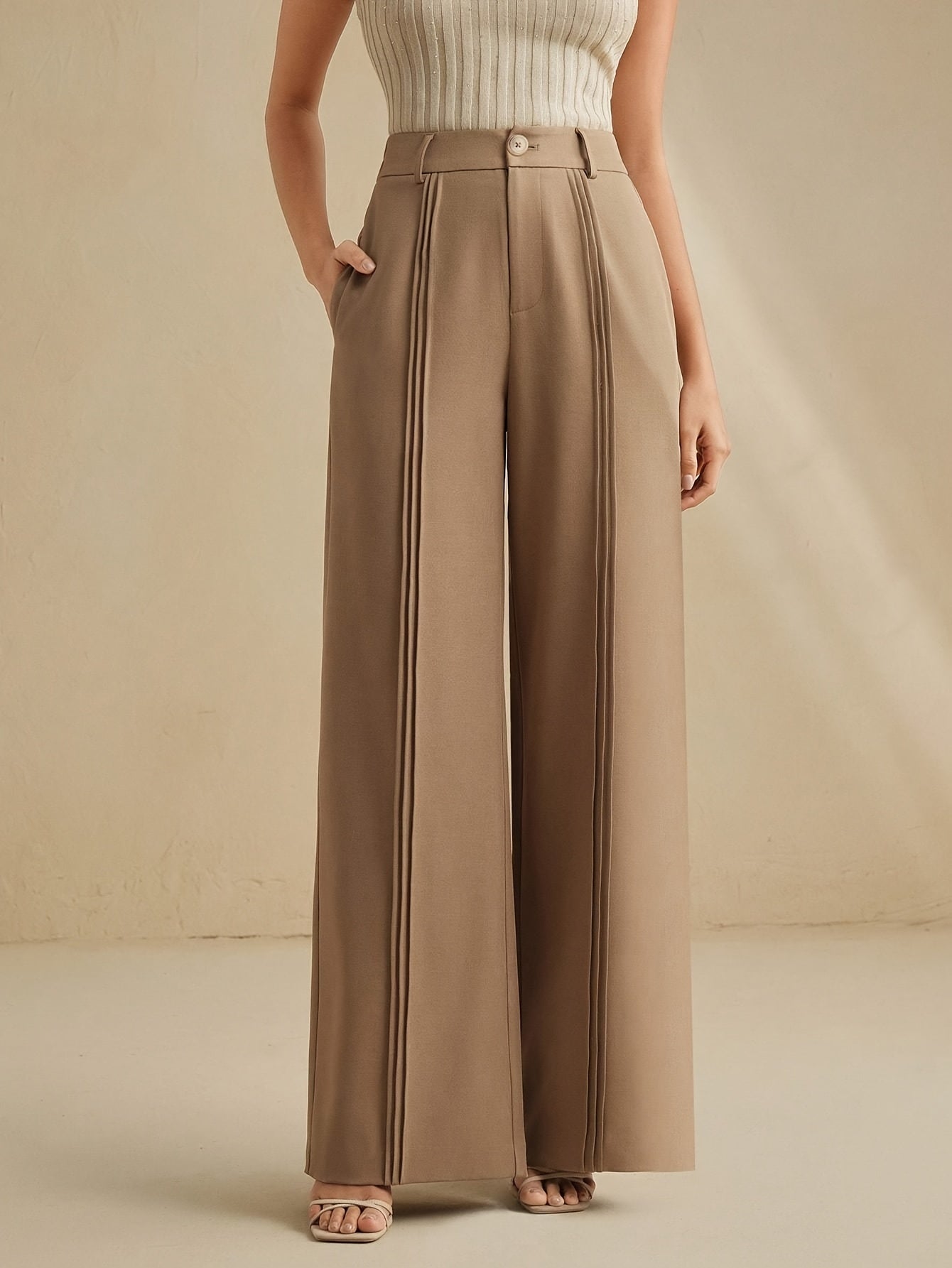 Brown pleated high-waist wide-leg Trousers
