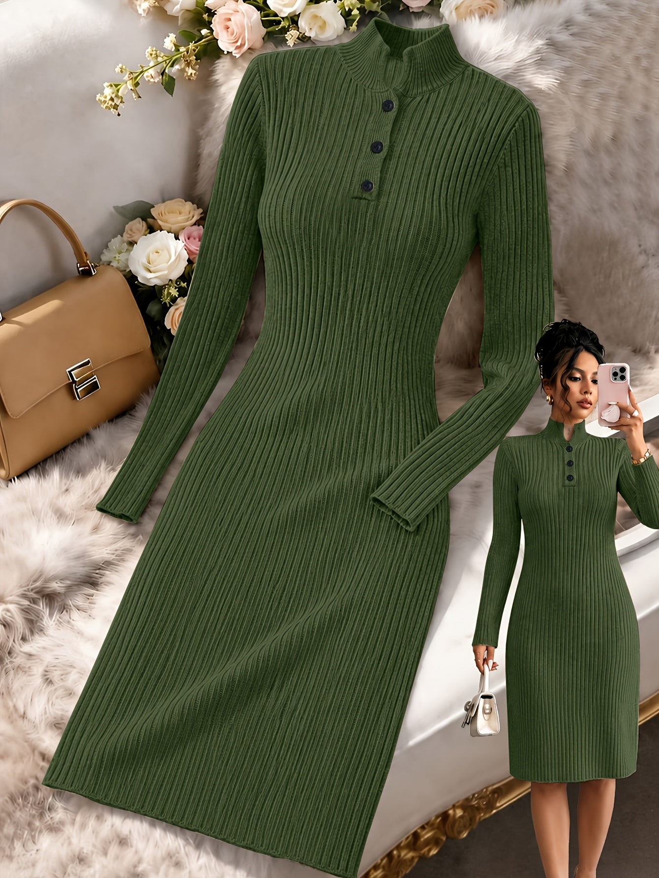Khaki Ribbed Knit V-Neck Midi Dress