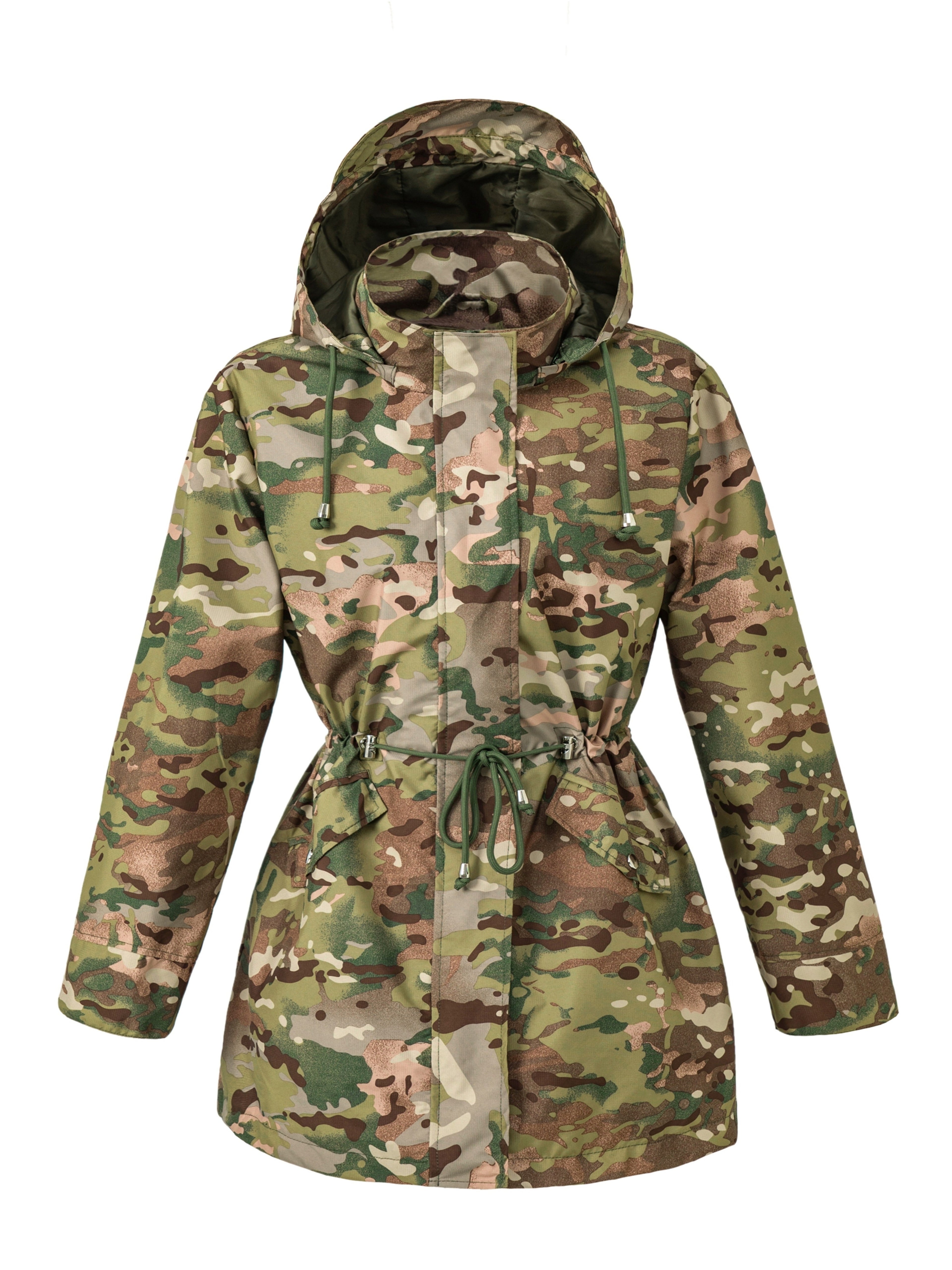 Hooded drawstring waist zip up coat with a zip up placket front