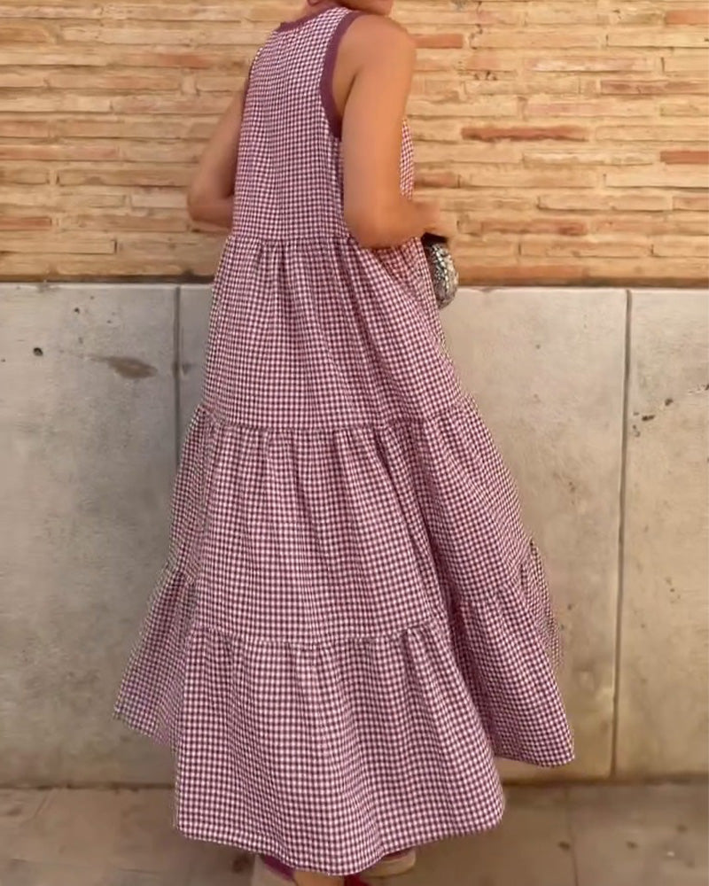 Burgundy Plaid Round Neck Sleeveless Midi Dress