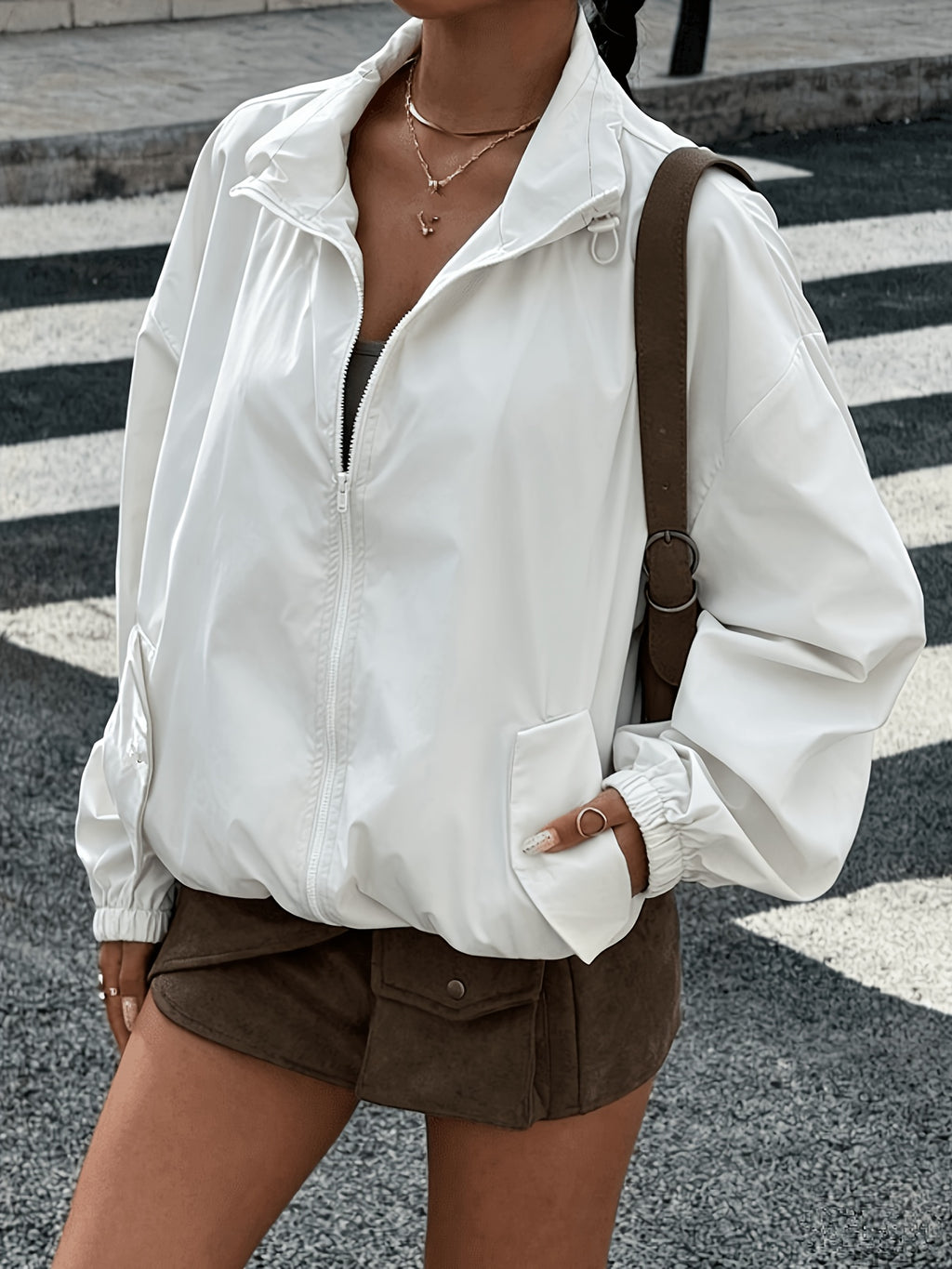 White drawstring windbreaker jacket