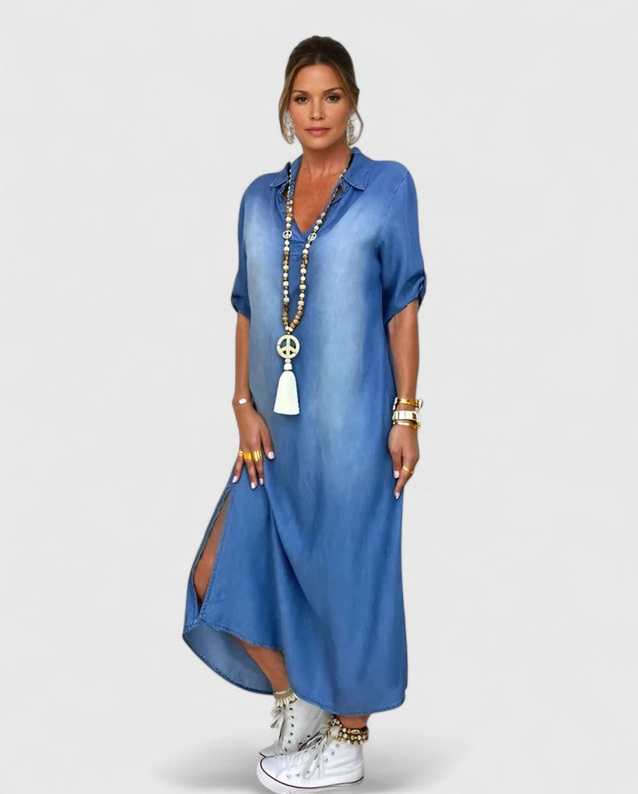 Casual loose fit denim dress with side split, front view