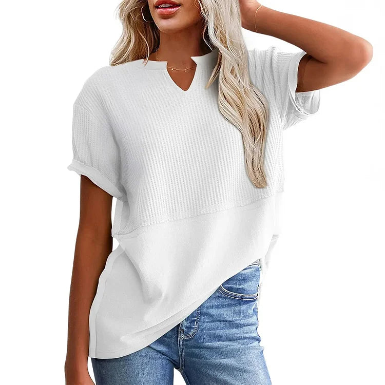 Waffle knit V-neck top in white, lightweight breathable design | Alba Muse