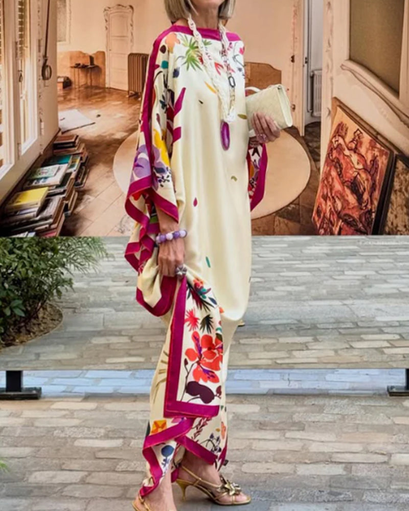 Floral print off-shoulder batwing maxi dress, styled view