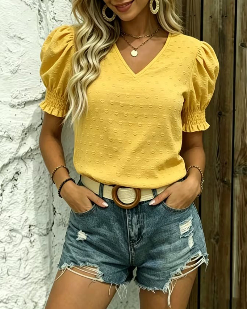 V-neck jacquard bubble sleeve blouse, side view