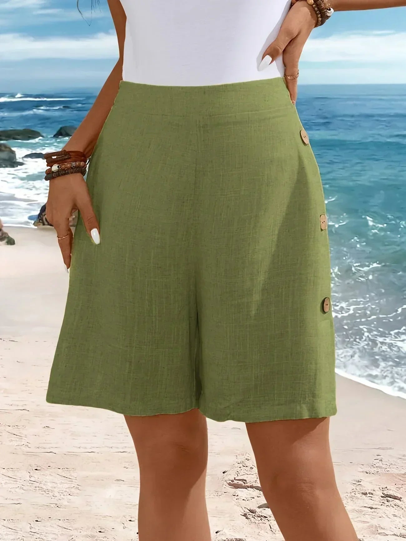 Button side shorts, close-up view