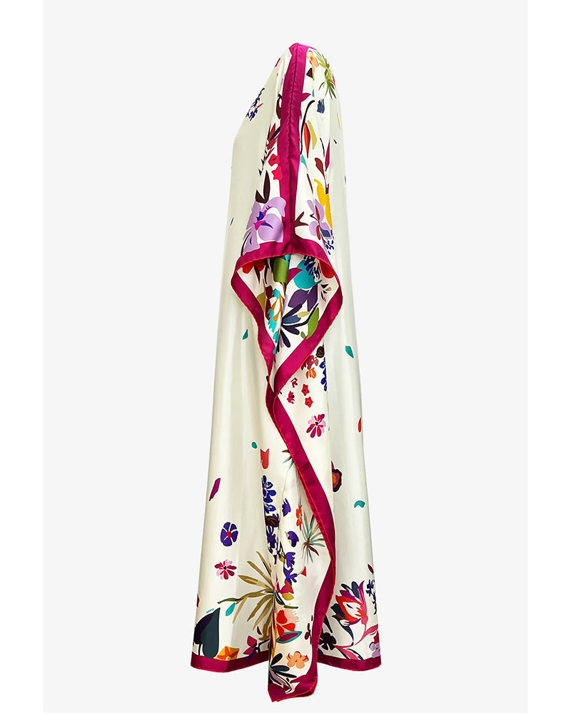 Fuchsia floral print off-shoulder batwing maxi dress, back view
