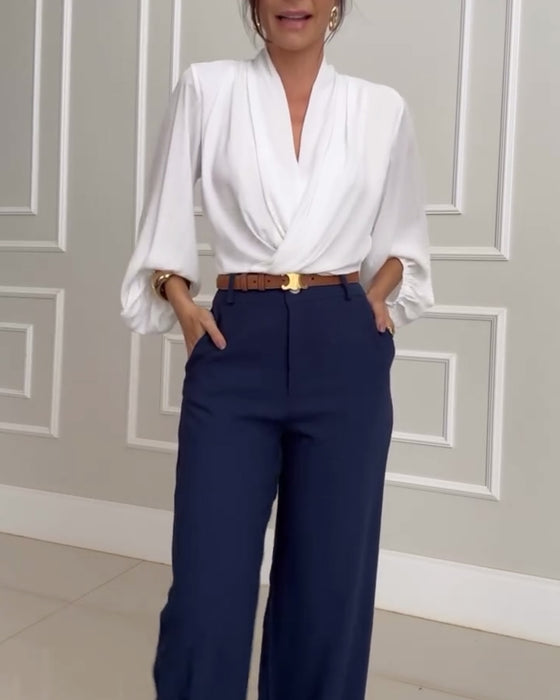 Women's V-Neck Lantern Sleeve Blouse