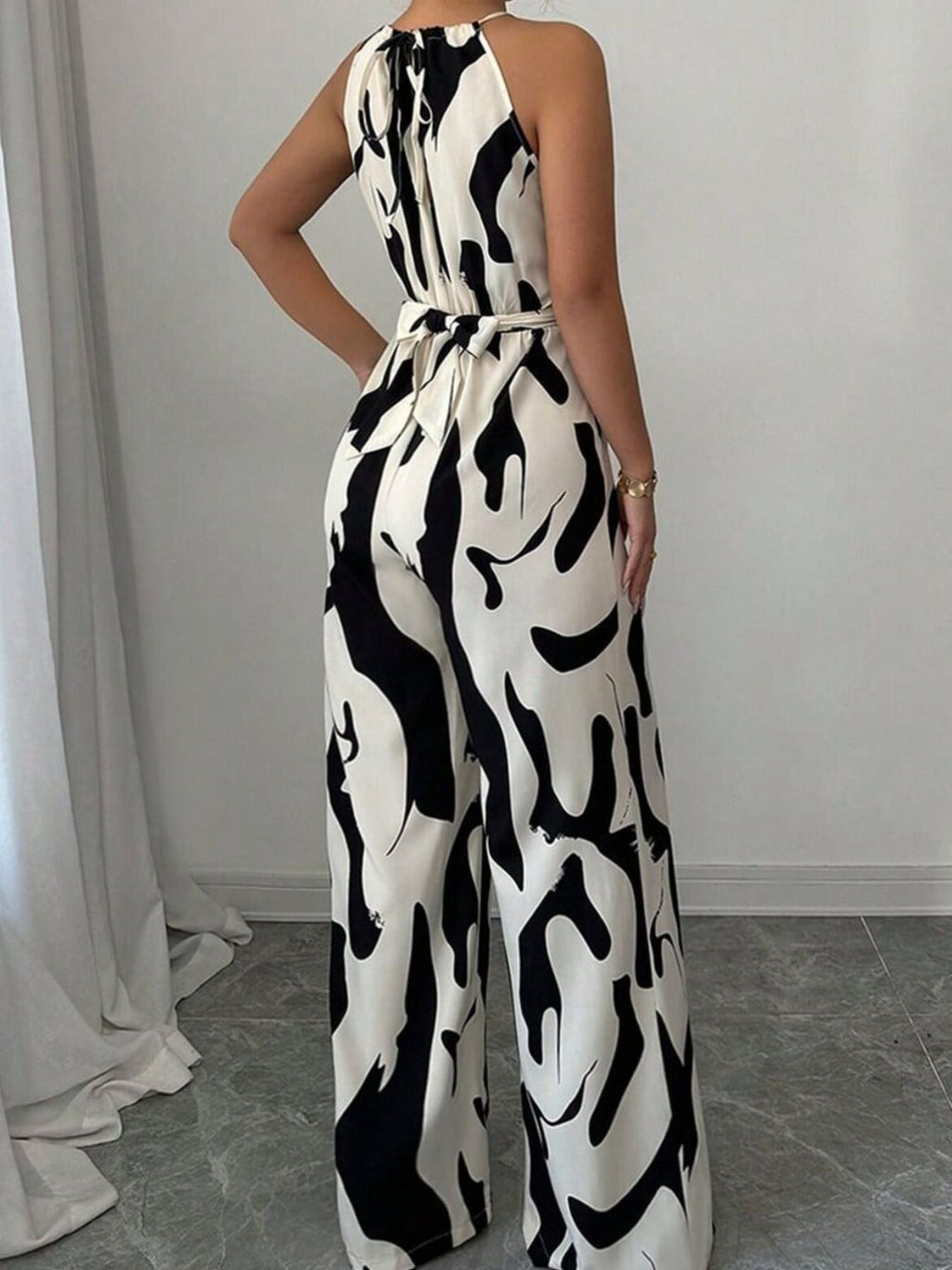 Abstract print wide leg jumpsuit, detail view