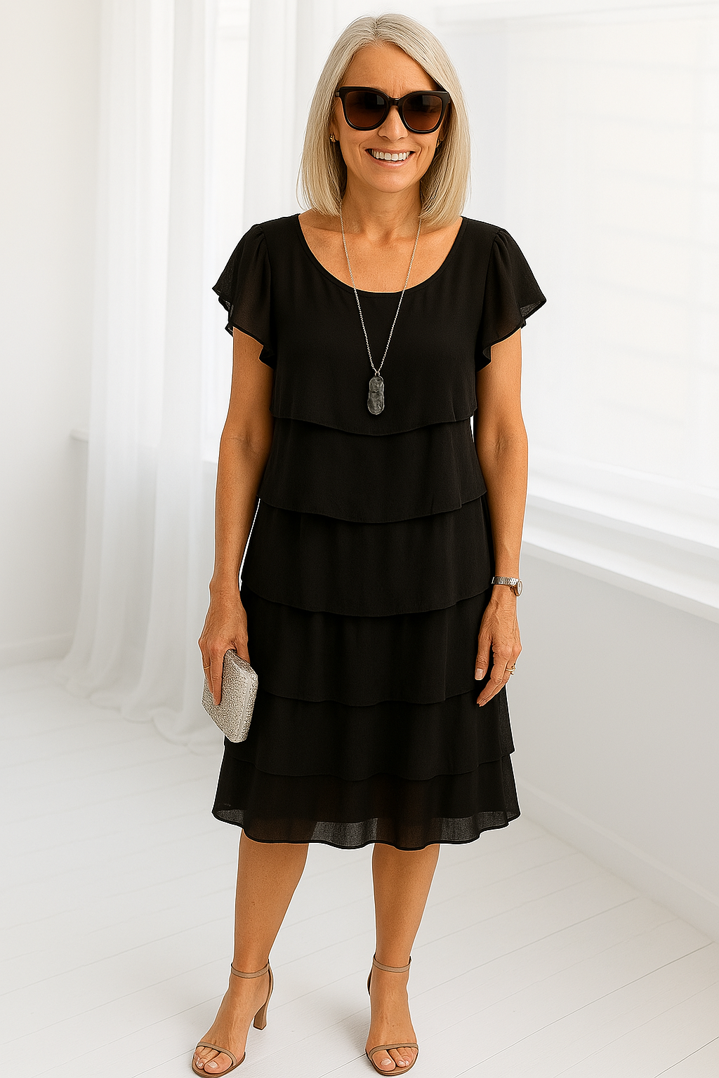 Fitted bodice with layered skirt midi dress, front detail view