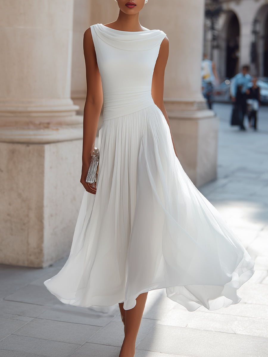 Draped neck sleeveless pleated midi dress in white, front view