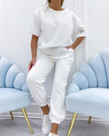 Matching t-shirt and jogger pants loungewear set in white | Alba Muse