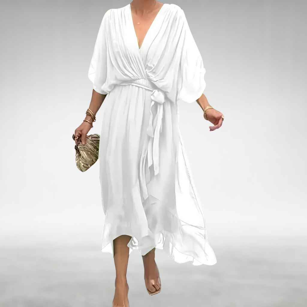V-neck chiffon maxi dress with flowing skirt, back view