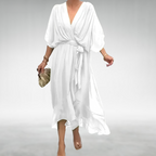 V-neck chiffon maxi dress with flowing skirt, back view