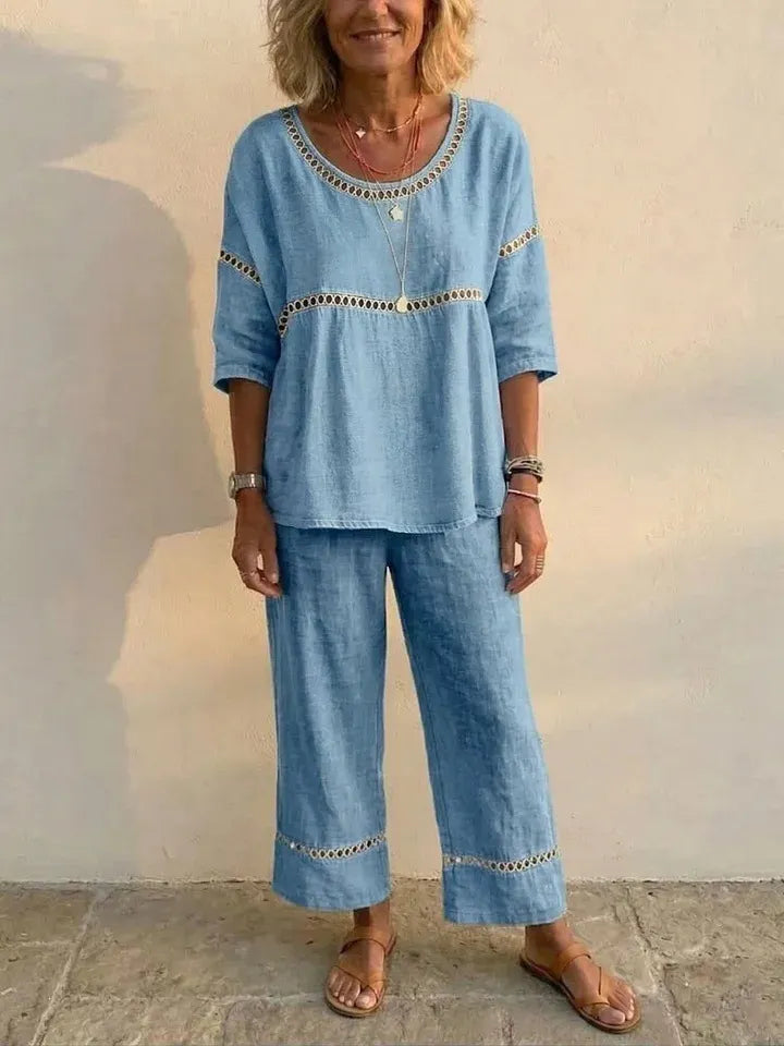 Eyelet linen co-ord in blue, relaxed loose-fit summer style | Alba Muse