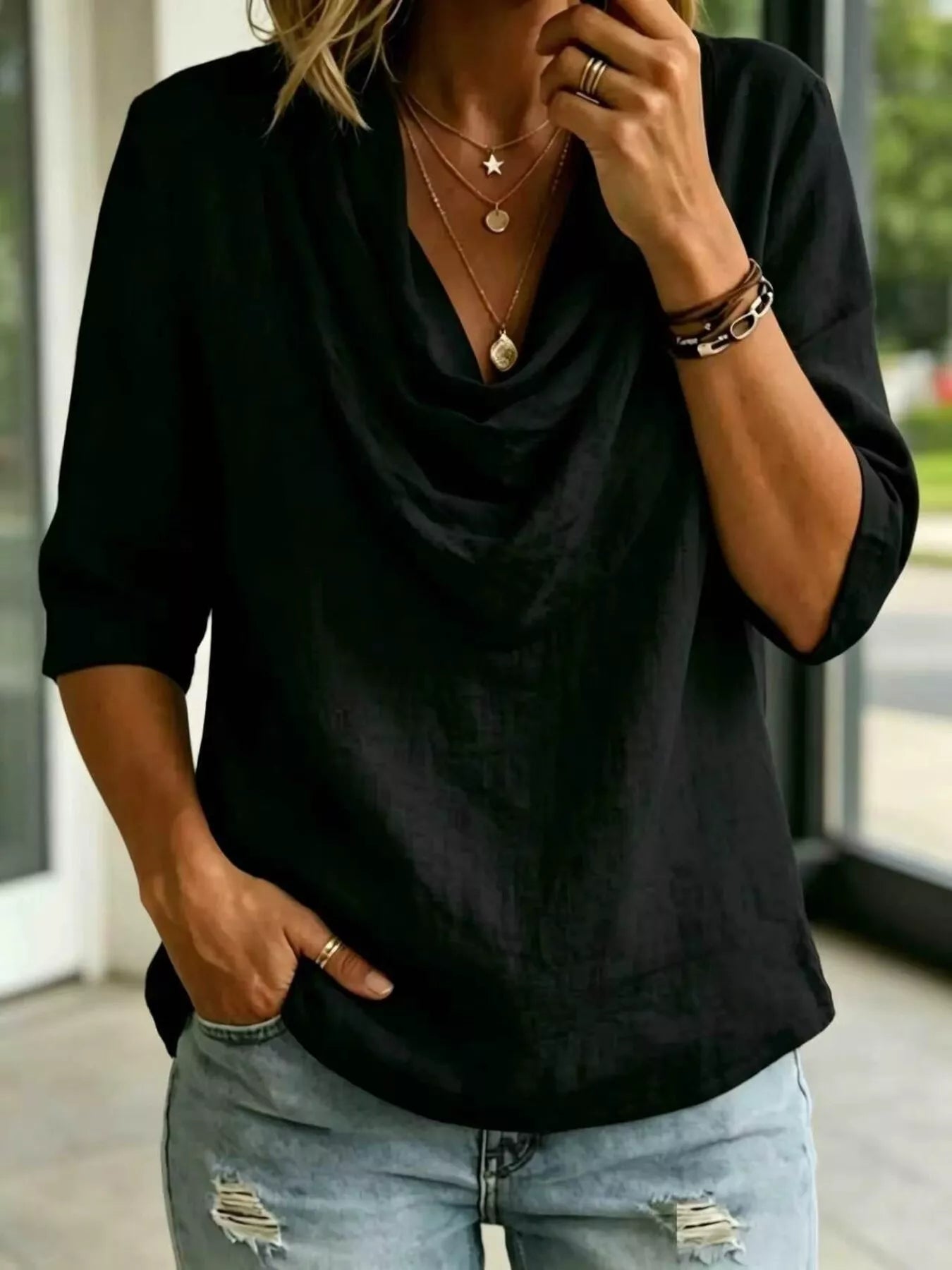 Cowl Neck 3/4 Sleeve Top, Plus Size