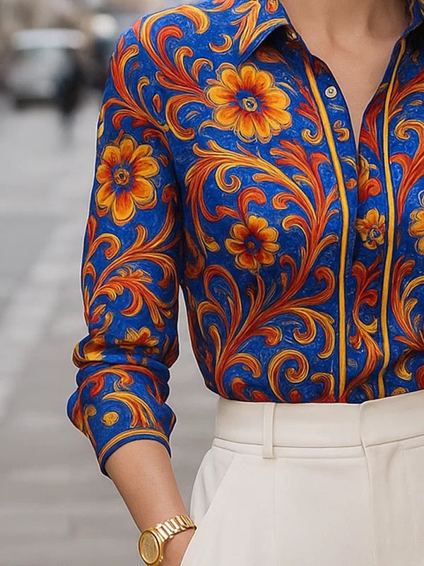 Flower Print Lapel Buttoned Blouse