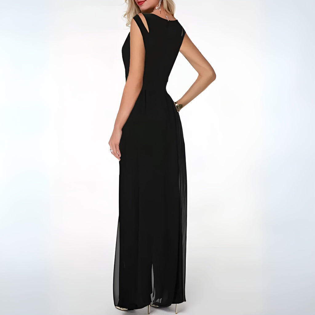 Women's Sheer Overlay Sleeveless Wide-Leg Jumpsuit side view - Elegant Wedding Guest Jumpsuit