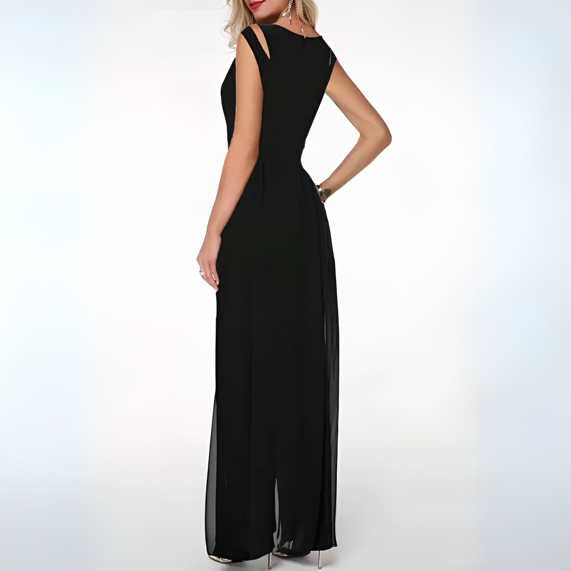 Women's Sheer Overlay Sleeveless Wide-Leg Jumpsuit side view - Elegant Wedding Guest Jumpsuit