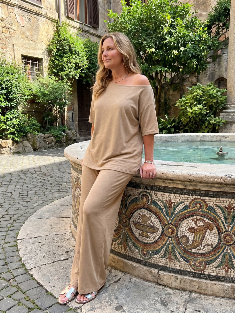 Off-shoulder co-ord set, full length view showing relaxed silhouette