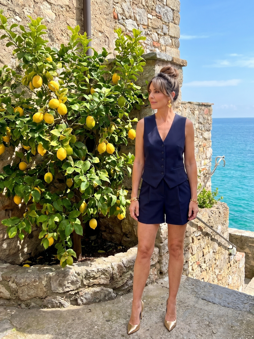 Sleeveless button vest and shorts set, colourway variants