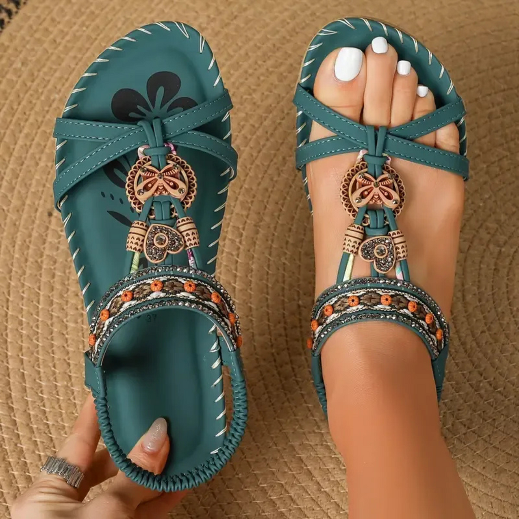 Pearl embellished elastic strap flat sandals, front view