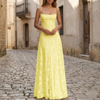 Women's spaghetti strap A-line maxi gown, model full length