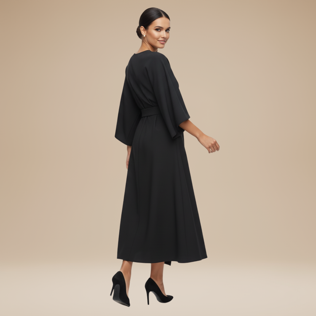 Belted Wide Sleeve Wrap Midi Dress