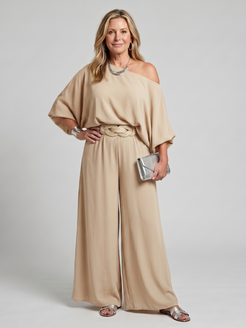 Lightweight one-shoulder top and wide leg trousers, lifestyle