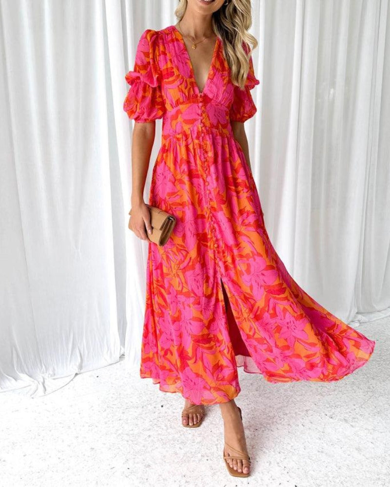 Romantic puff sleeve maxi dress, full length view