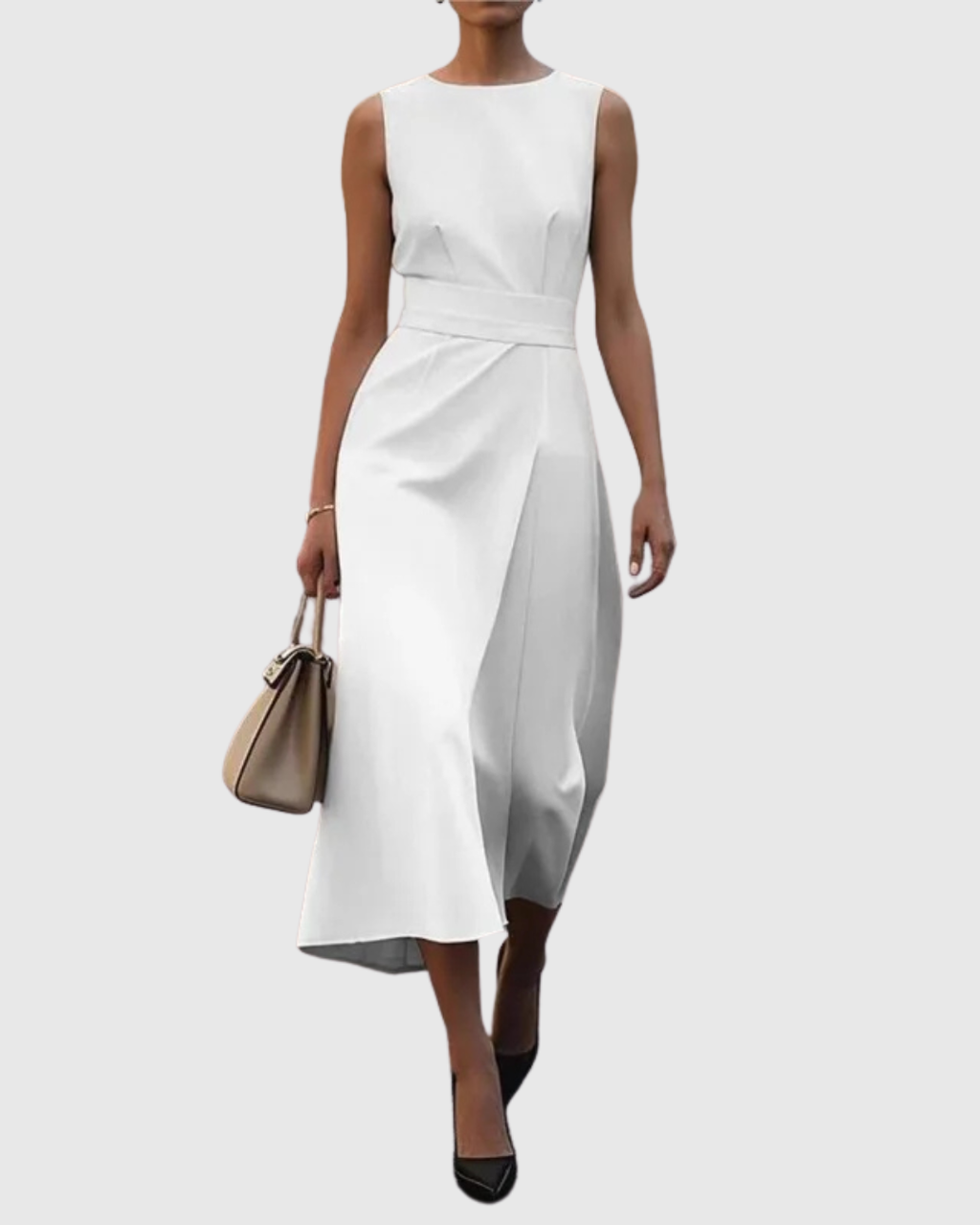 Round Neck Sleeveless Draped Midi Dress