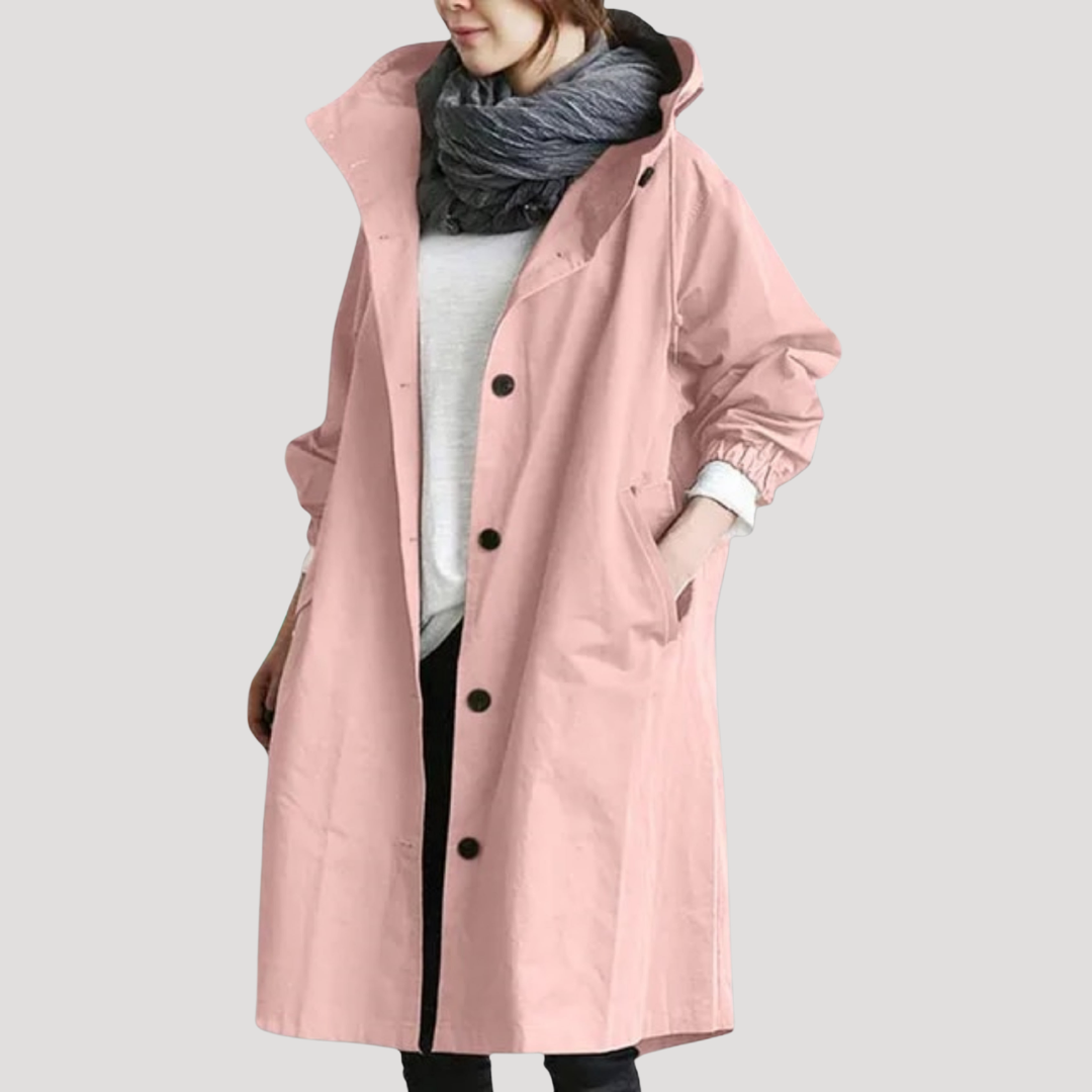 Relaxed hooded button front coat with an everyday cut