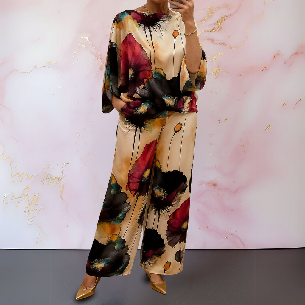 Loose top and wide leg pants co-ord set in black, front view