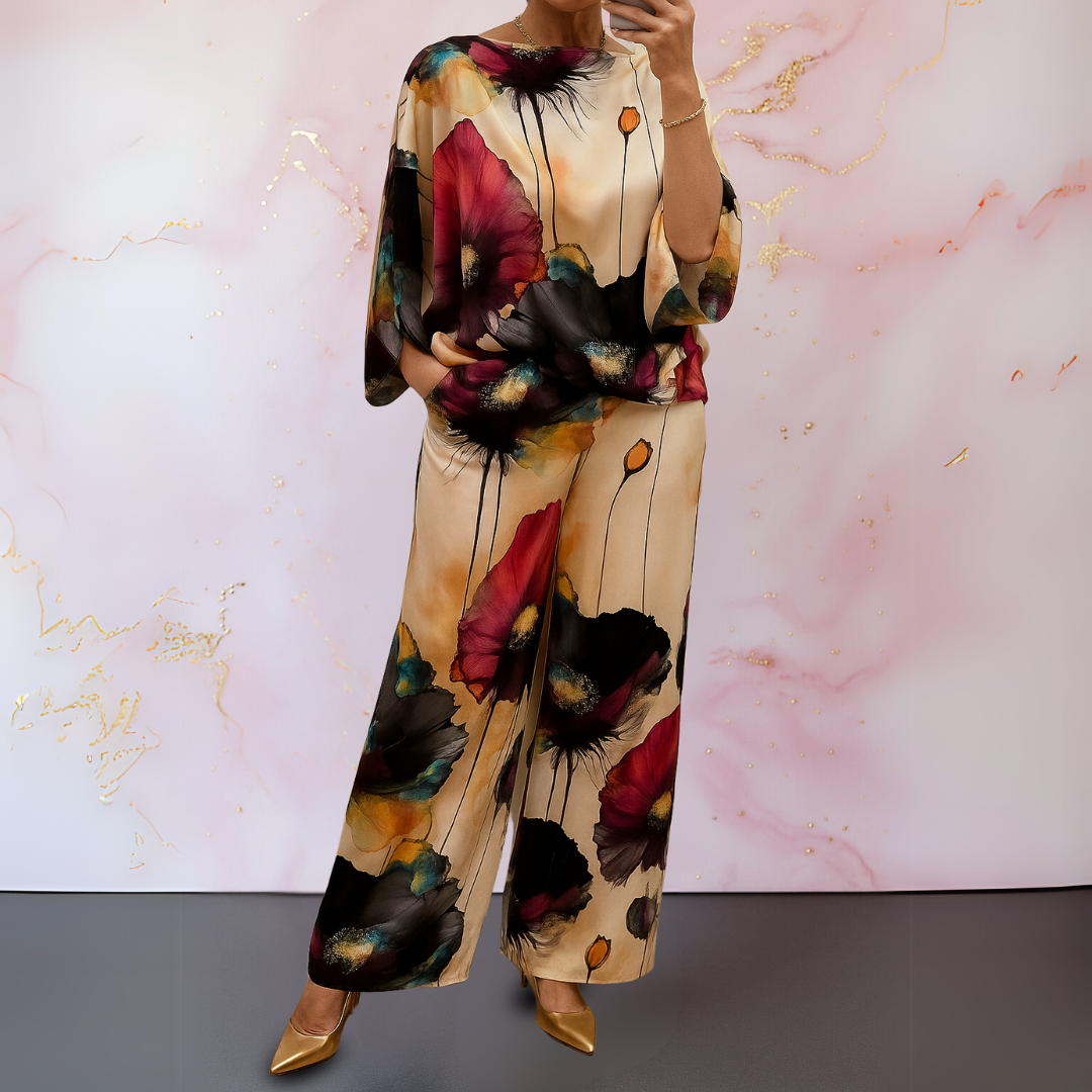 Loose top and wide leg pants co-ord set in black, front view