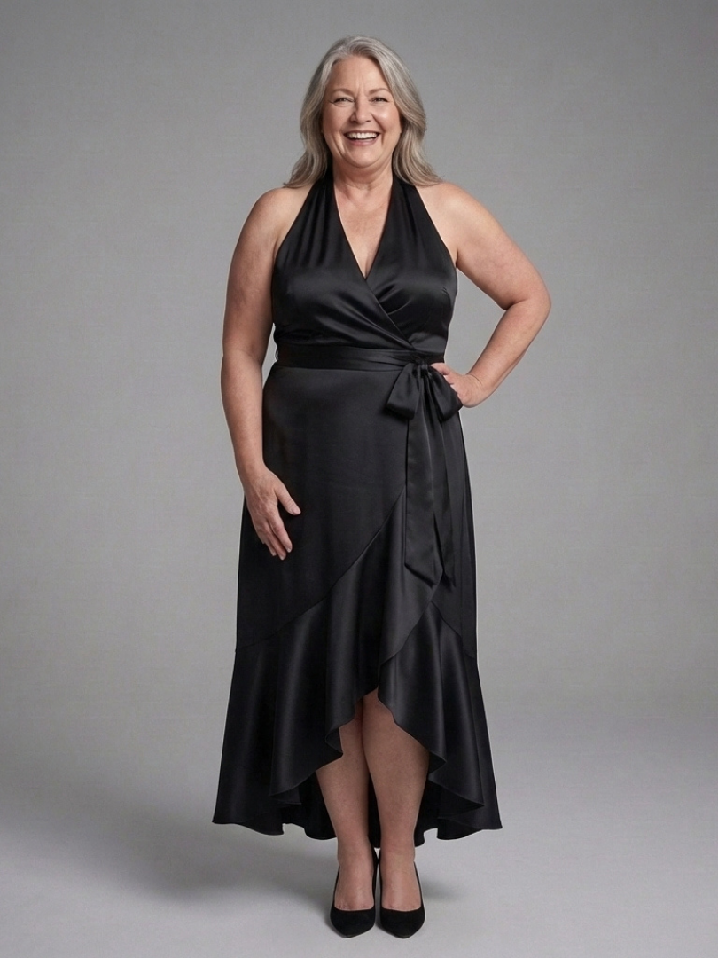 Women's halter tie dress styled for evening occasions