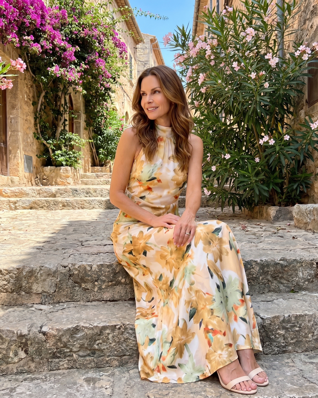 Floral halter neck midi dress, lifestyle view