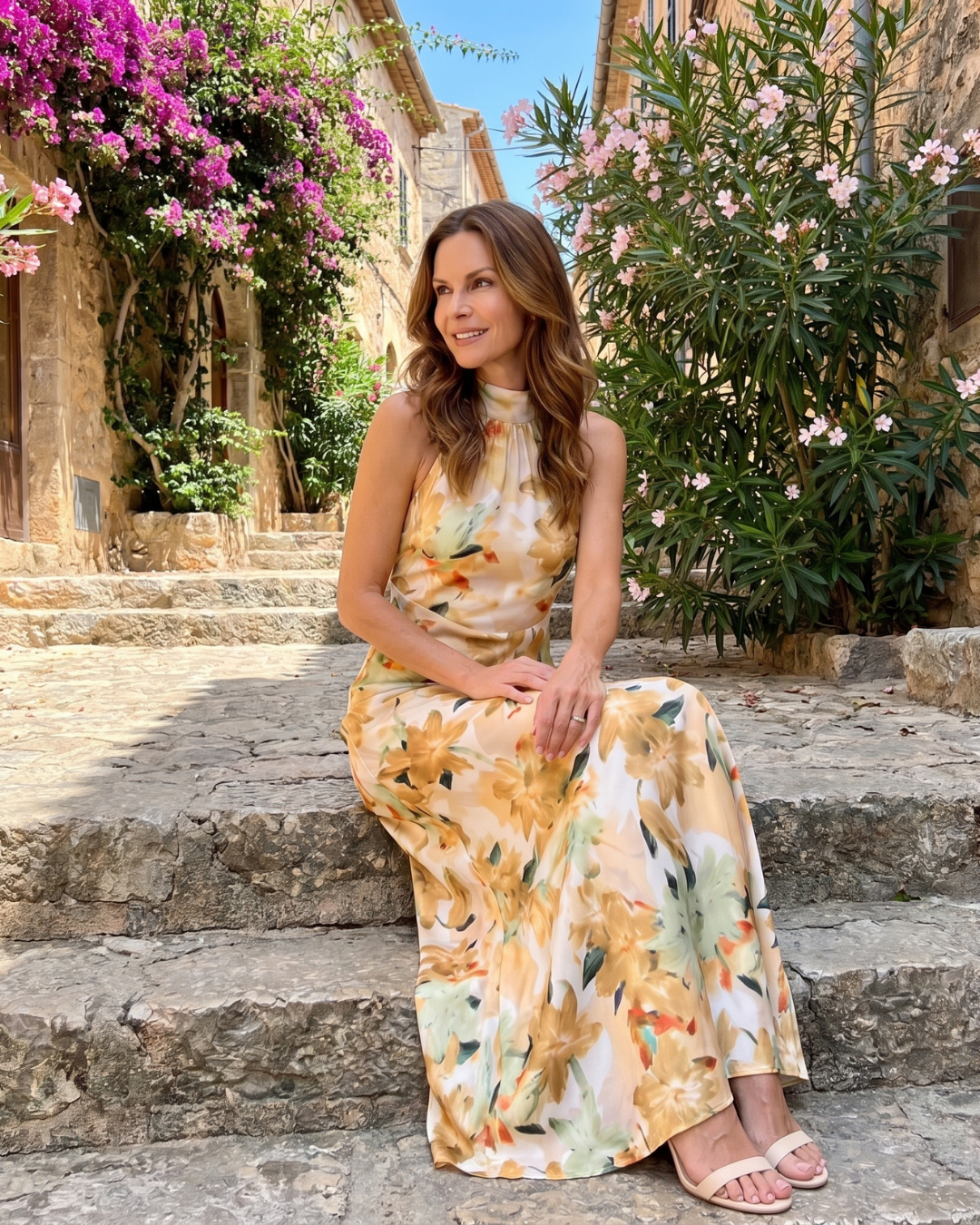 Floral halter neck midi dress, lifestyle view