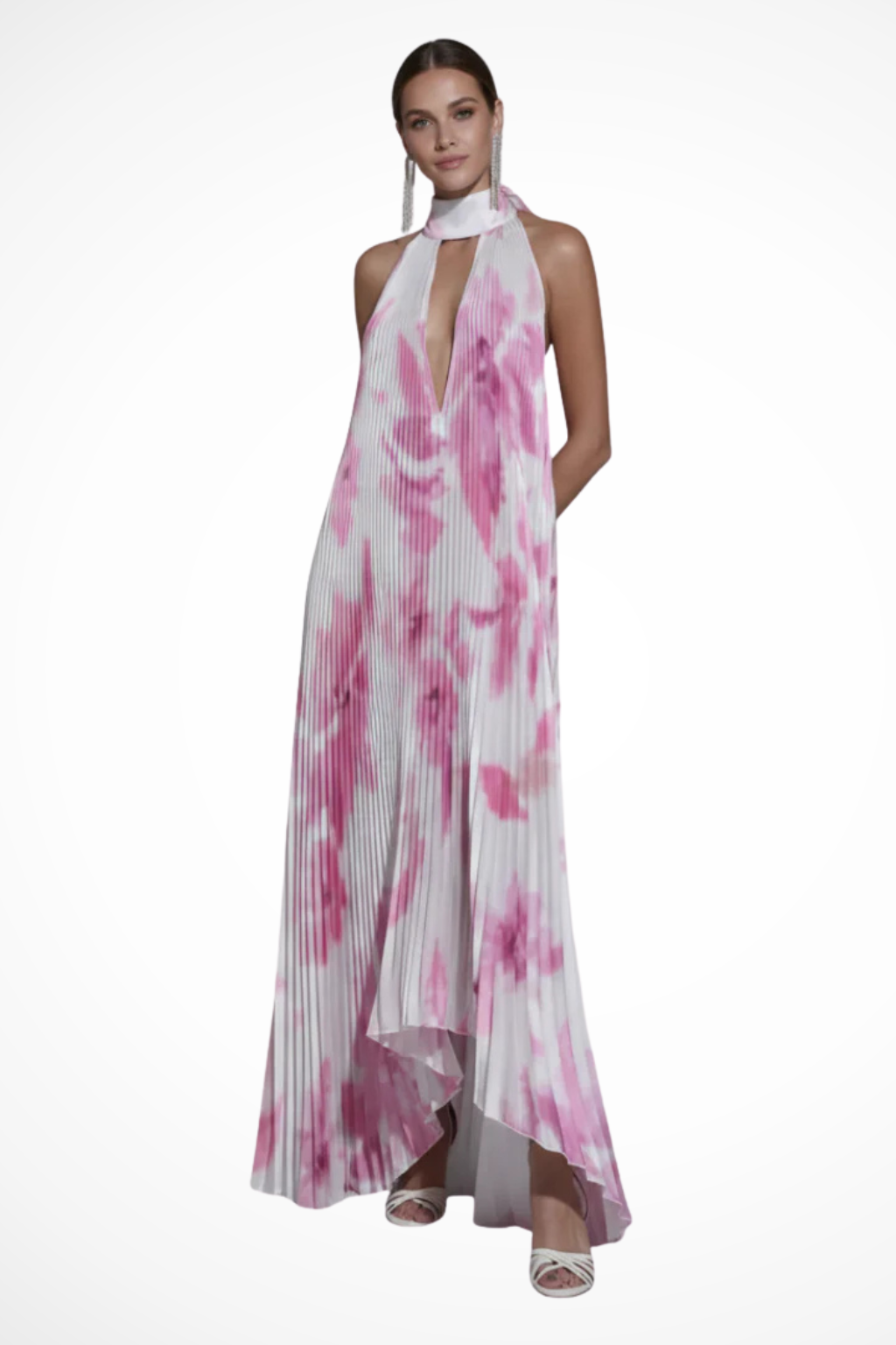 Women's halter neck wedding guest maxi dress in floral print, movement shot