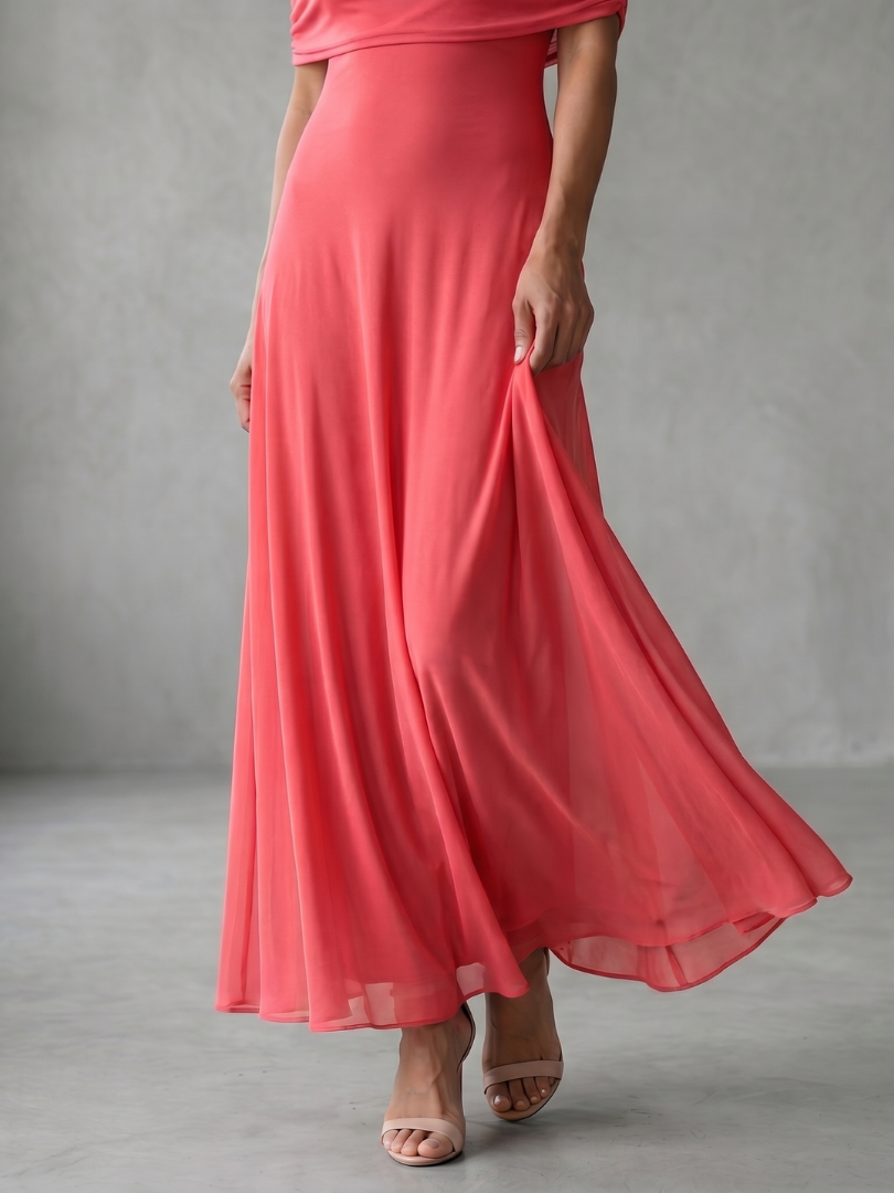 Off-shoulder draped midi dress, neckline detail
