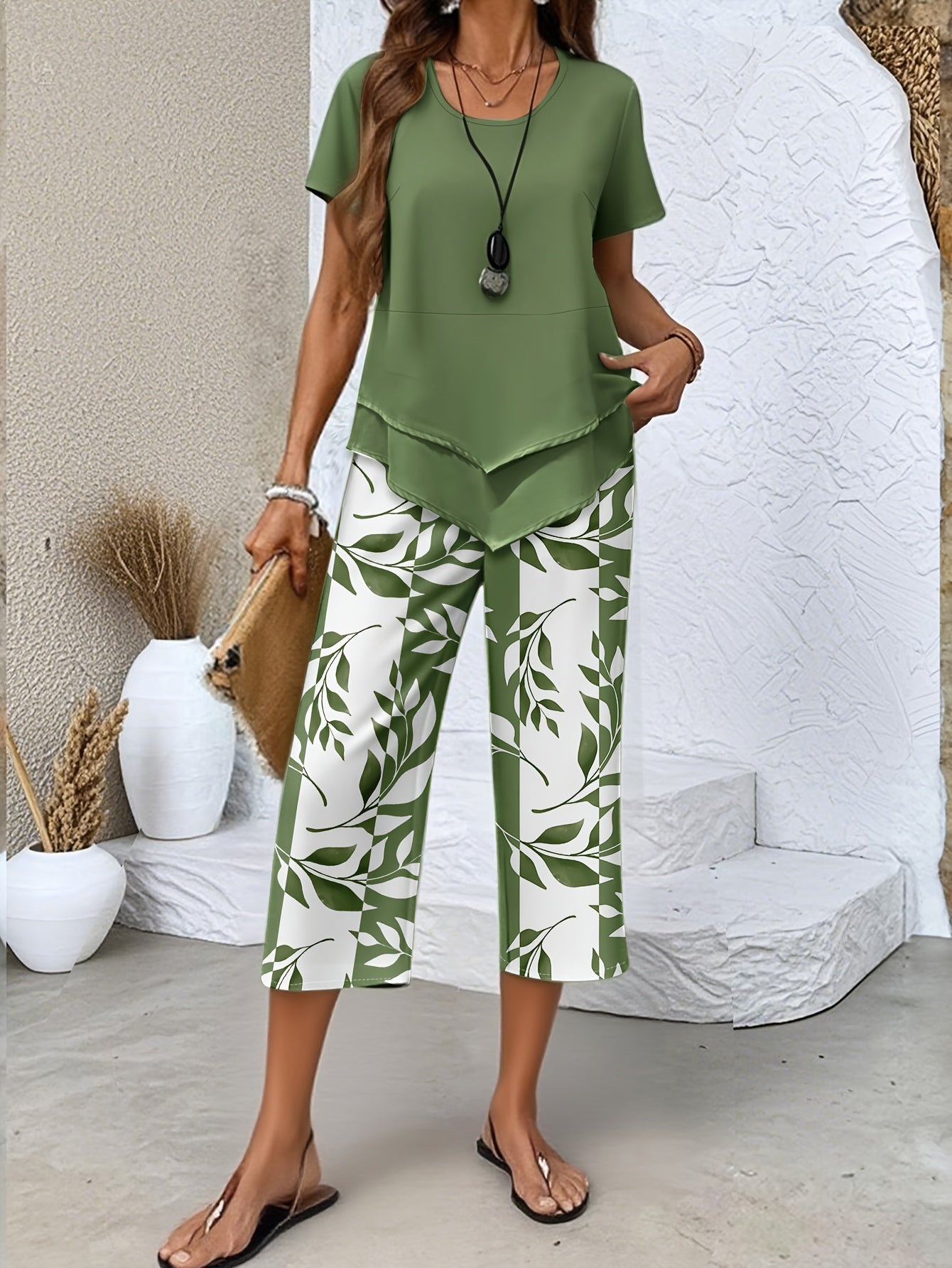 Solid Crop Top & Botanical Print Shorts Co-ord Set in Purple, full length view