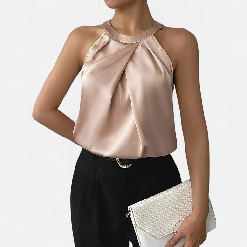 Women's occasion satin top with pleated front, side profile view